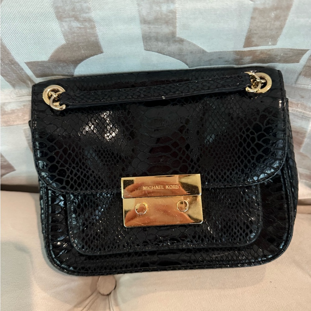 Michael Kors Black Sloan Embossed Python Shoulder Crossbody Bag